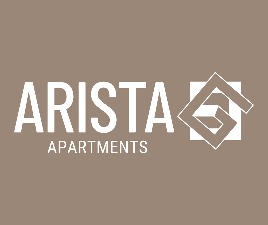 The image shows a logo for "ARISTA APARTMENTS" with a graphic element resembling a house.